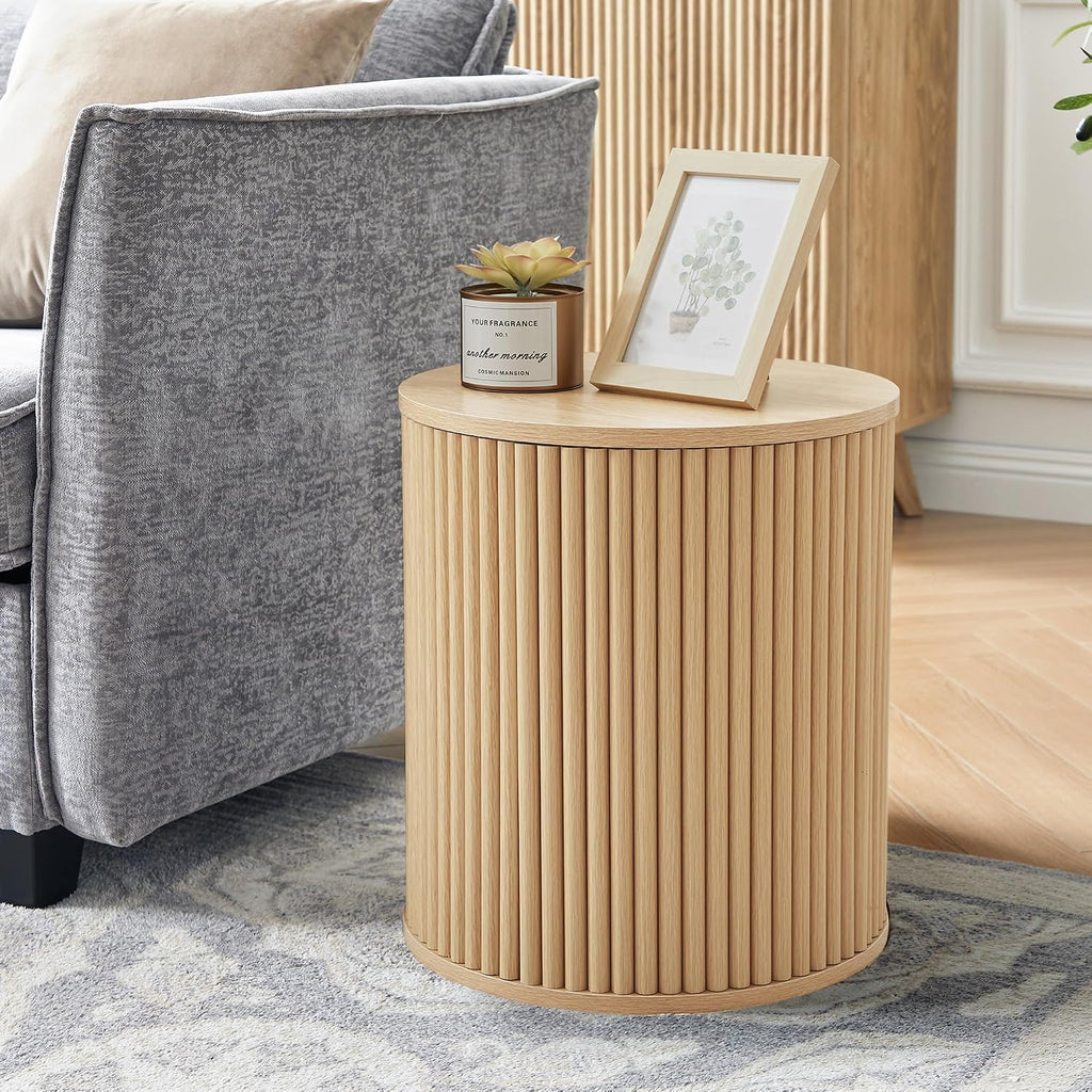 Round Fluted Side Table Set of 2, 15.7' Mid-Century Modern End Table with Storage, Wooden Bedside Table Round Nightstand Small Circle Sofa Accent Table for Living Room, Bedroom (Natural)
