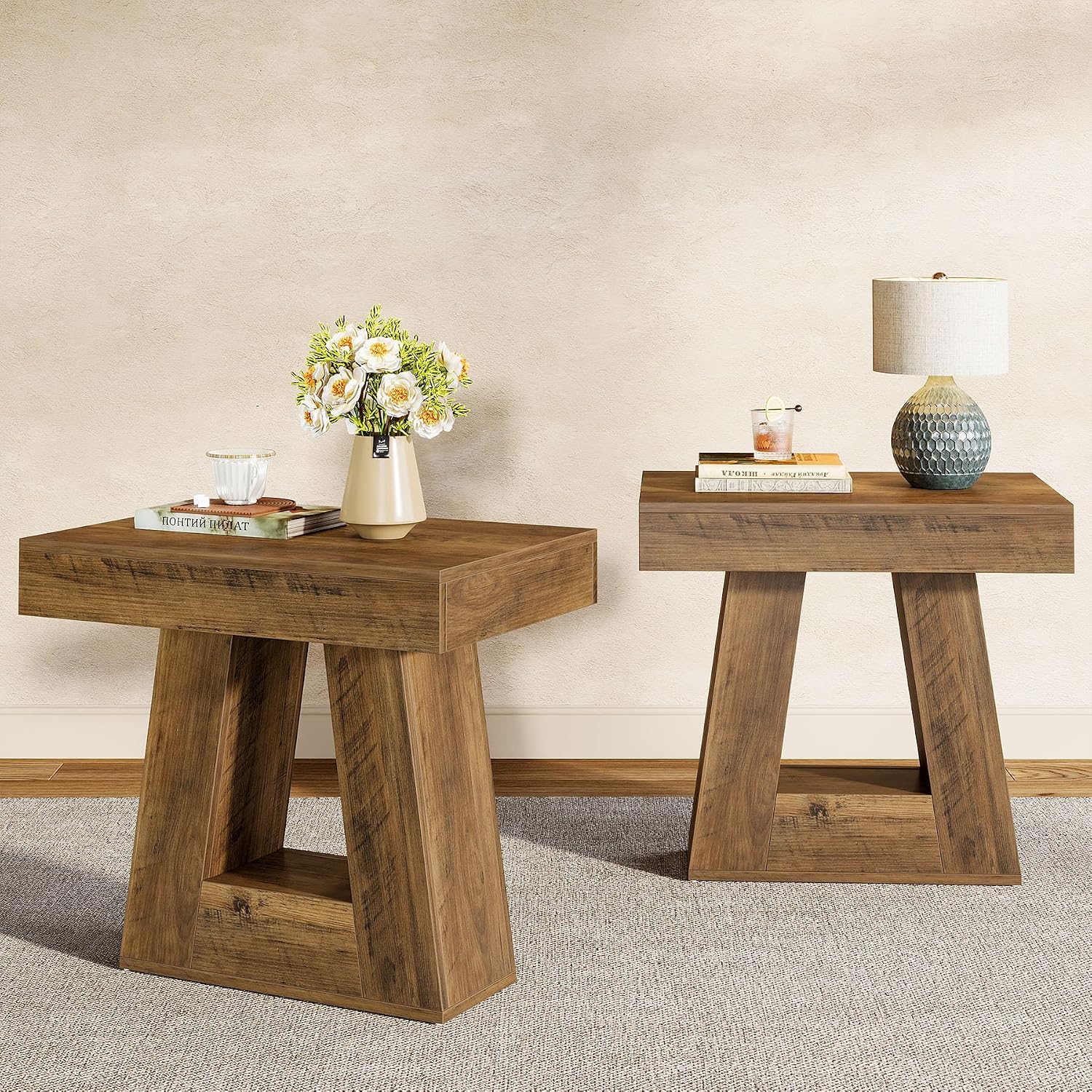 Tribesigns 24' Modern Side Table Set of 2, 2-Tier Narrow Wooden End Table with Trapezoid Base, Farmhouse Small Nightstand for Living Room, Bedroom (Brown)