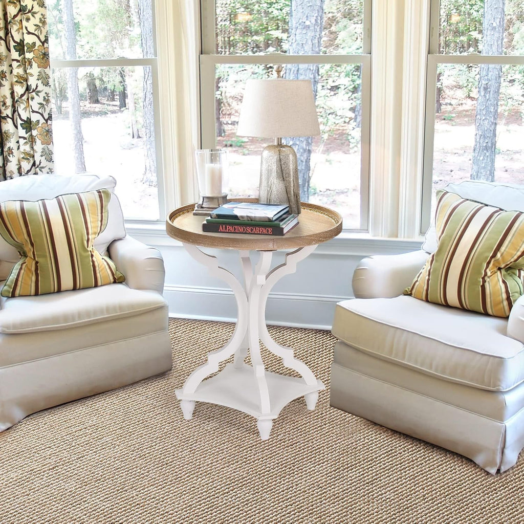 Wnutrees Farmhouse Round Accent End Table, Rustic Side Table Nightstands for Living Room, Wood Tray Top, Handcrafted Finish, Set of 2, White