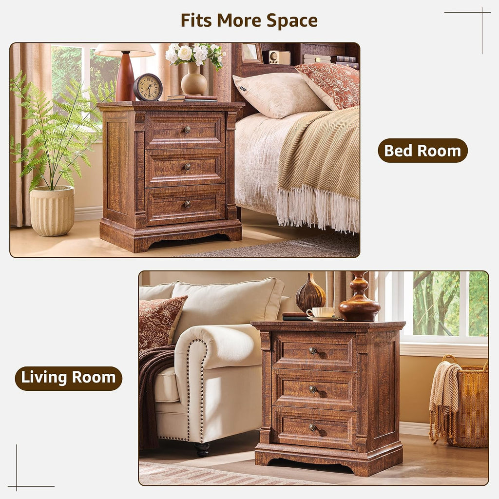 Farmhouse Nightstand Set of 2, 24' End Table with 3 Drawers Storage, Wood Side Table w/Roman Column, End Tables Living Room Set Of 2, Bedside Cabinet for Bedroom, Living Room, Reclaimed Barnwood