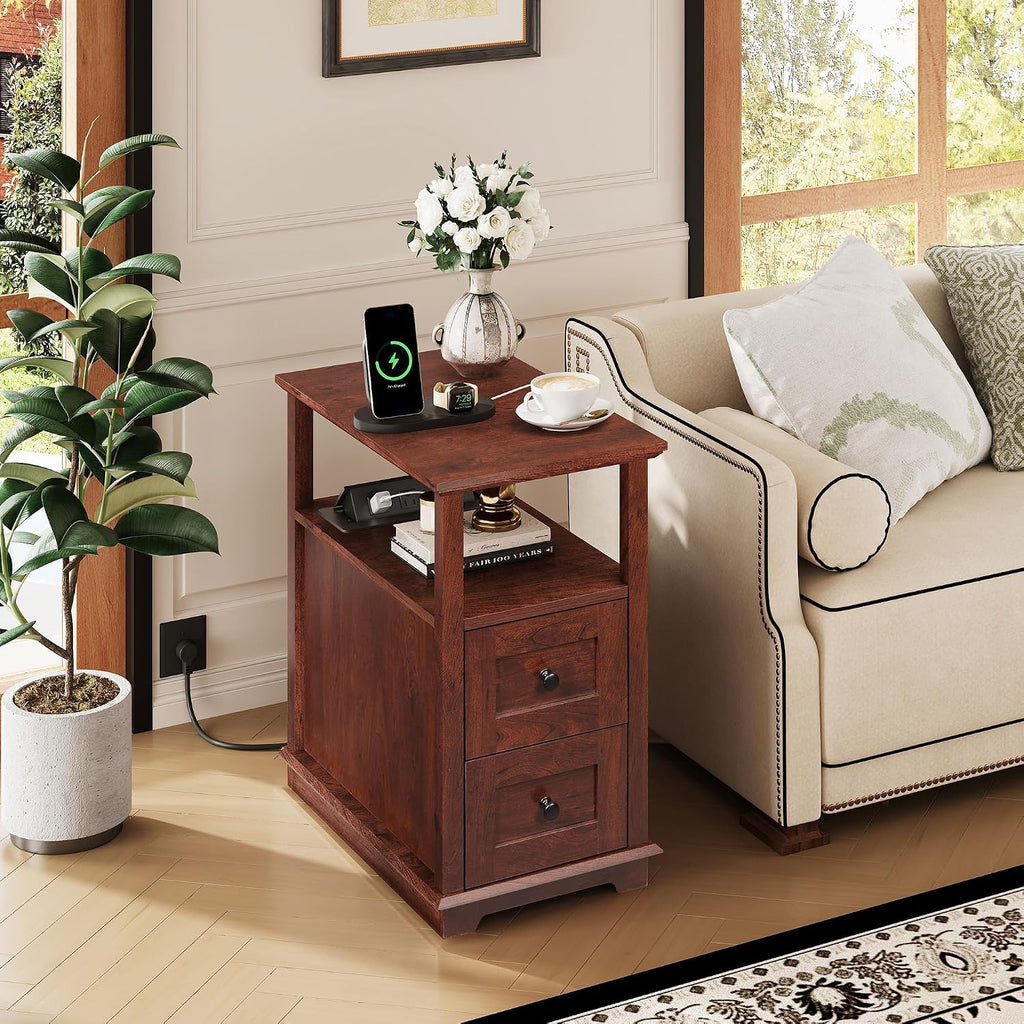 WLIVE Narrow Side Table with Charging Station, Wooden End Table with 2 Drawers, End Tables Living Room, Bedroom, Small Space, Antique Cherry