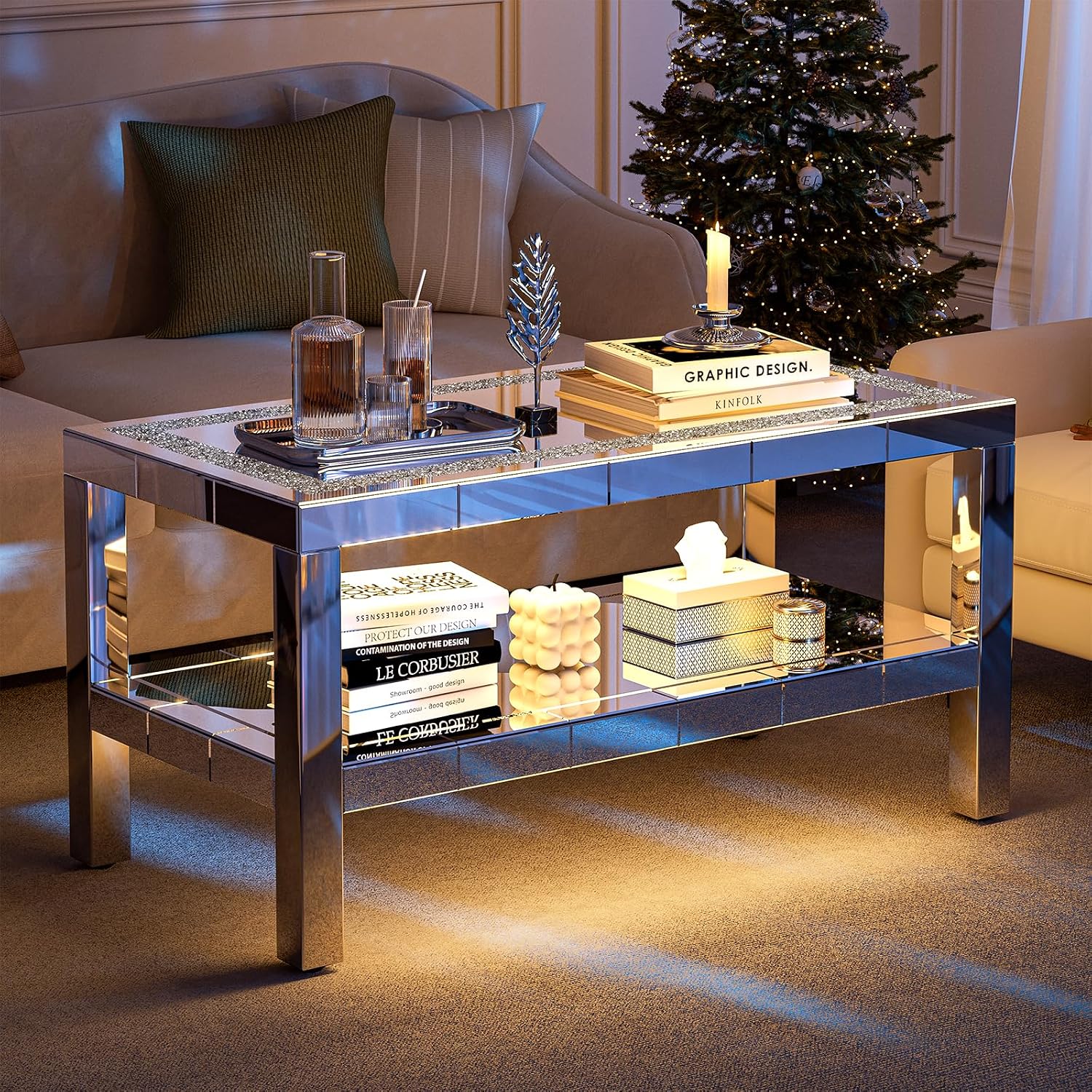 IKIFLY Mirrored 2 Tiers Coffee Table with LED, Rectangle Mirrored Coffee Table with Crushed Diamond and Stainless Steel Legs, Silver Living Room Table