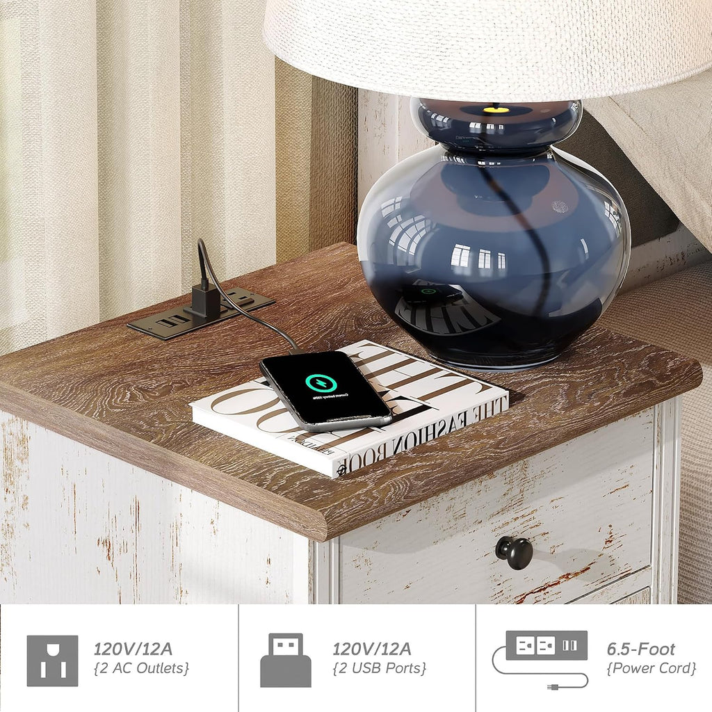 WAMPAT Set of 2 End Table with Charging Station & Power Outlets & USB Ports, Farmhouse Side End Table with Drawer and Storage Cabinet for Bedroom, Rustic White