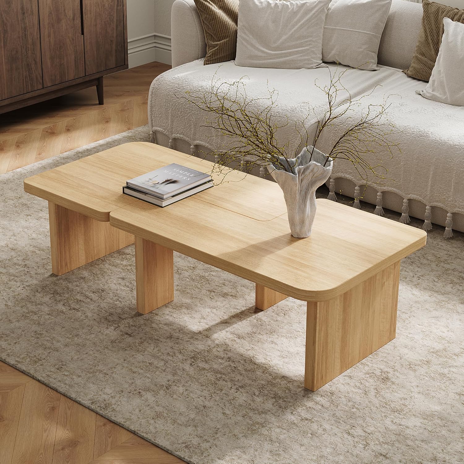 Modular Modern Coffee Table for Living Room, Free Adjustable Shape, Minimalist Square Living Room Tea Table, Light Wood Nesting Table Set of 2