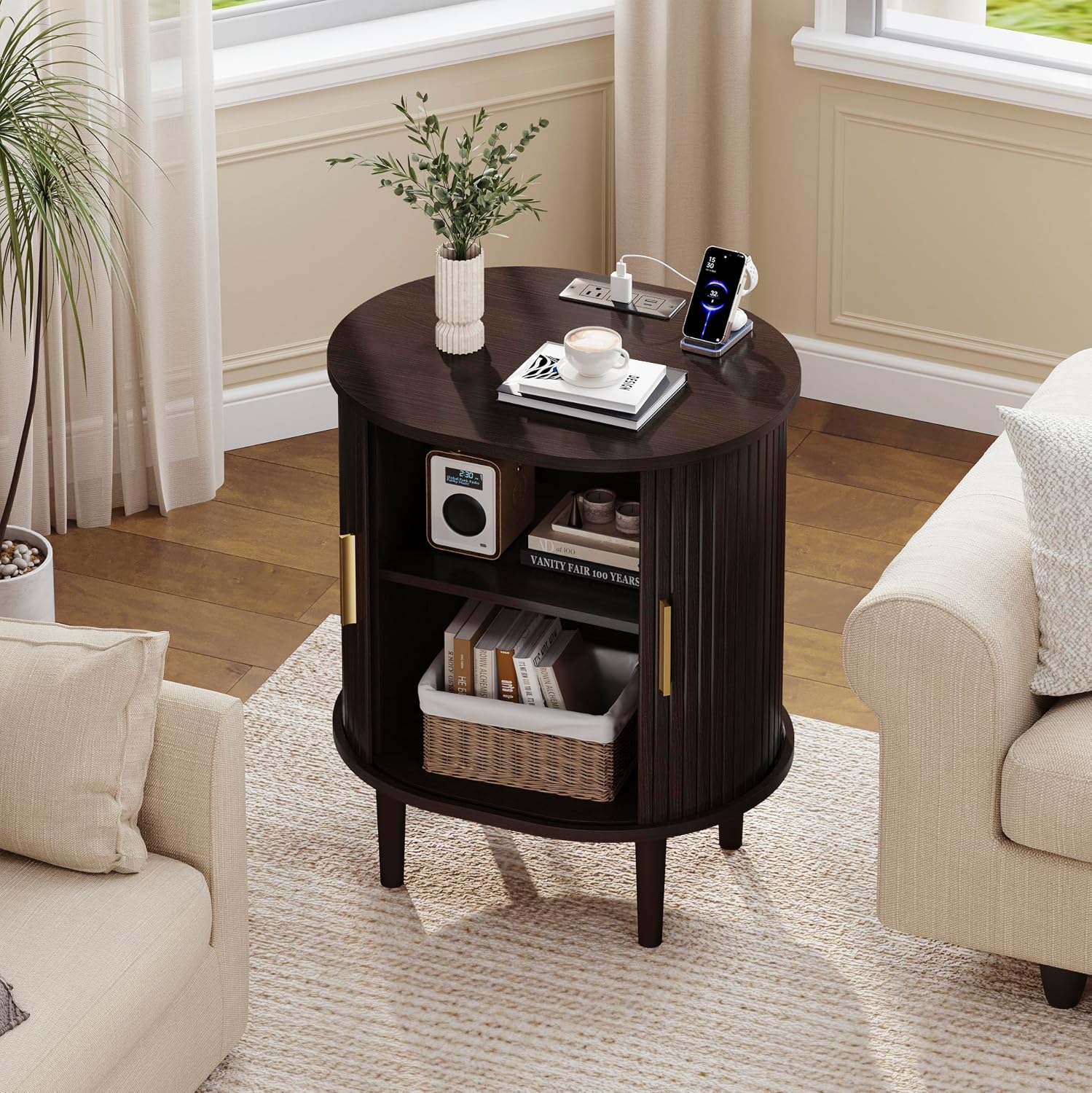 DHH Mid Century Modern Nightstand set of 2 with Charging Station, Fluted Accent Side Table with Sliding Door & Adjustable Shelf, End Table for Small Space, Living Room, Bedroom,Sofa Couch, Dark Walnut