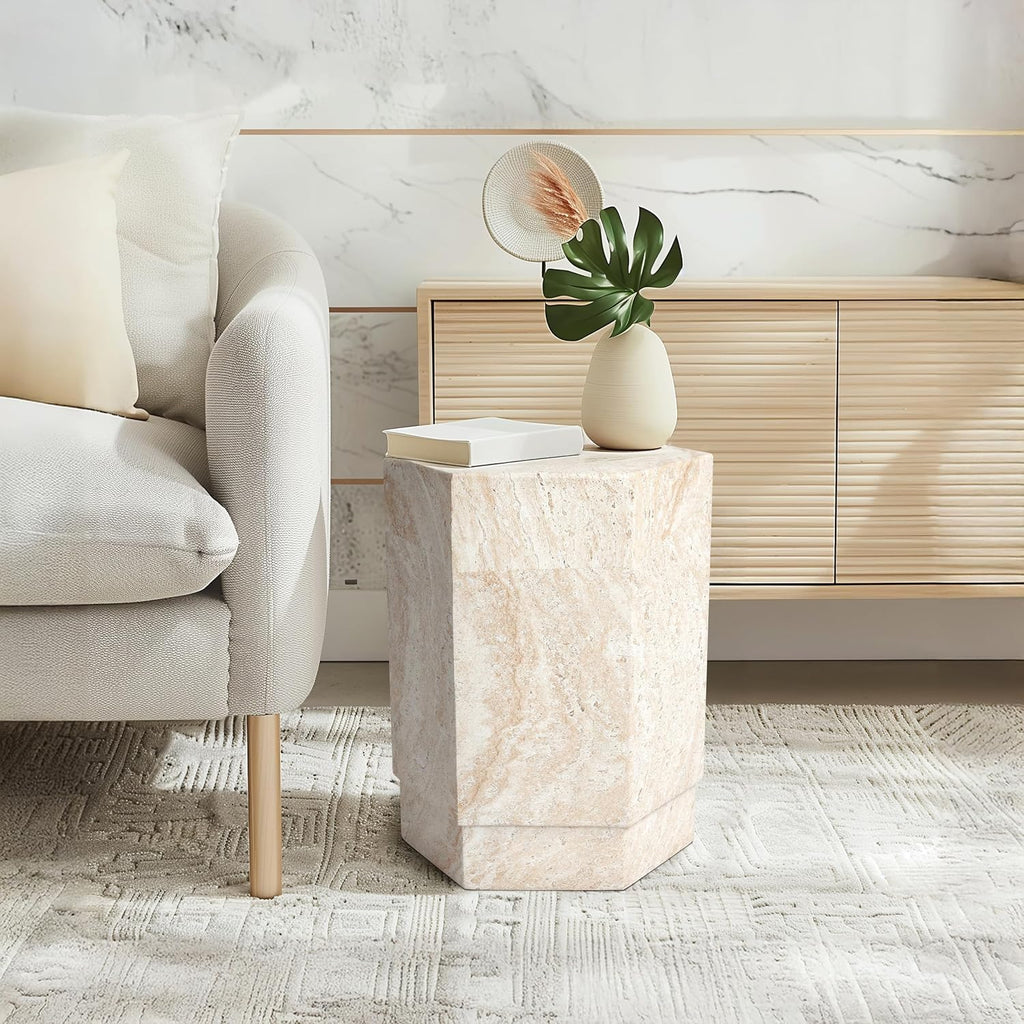 Empire Art Direct Hexagonal Travertine Stone Finish Italian Design MgO Side Accent Table, Living Room, Bedroom & Office, 14.6'x14.6'x18.1'