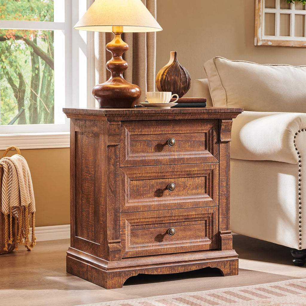 Farmhouse Nightstand Set of 2, 24' End Table with 3 Drawers Storage, Wood Side Table w/Roman Column, End Tables Living Room Set Of 2, Bedside Cabinet for Bedroom, Living Room, Reclaimed Barnwood