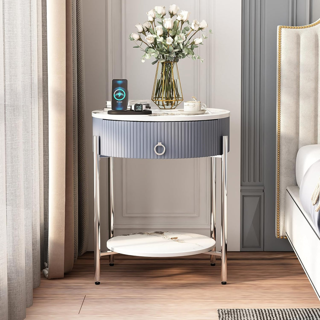 OIOG Round Side Table with Drawer, Modern Nightstand with Shelf and Chrome Finish Metal Legs, 2 Tier End Table for Living Room, Bedroom, Office, Marbling Natural Stone/Silver