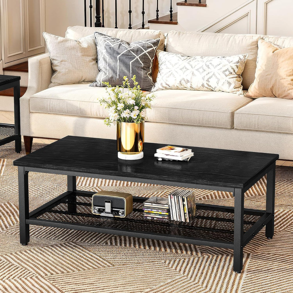 Lamerge 3 Pieces Living Room Table Set, Industrial Coffee Table with 2 Square End Side Tables, Coffee Table Set with Metal Frame for Apartment Home Office, Black
