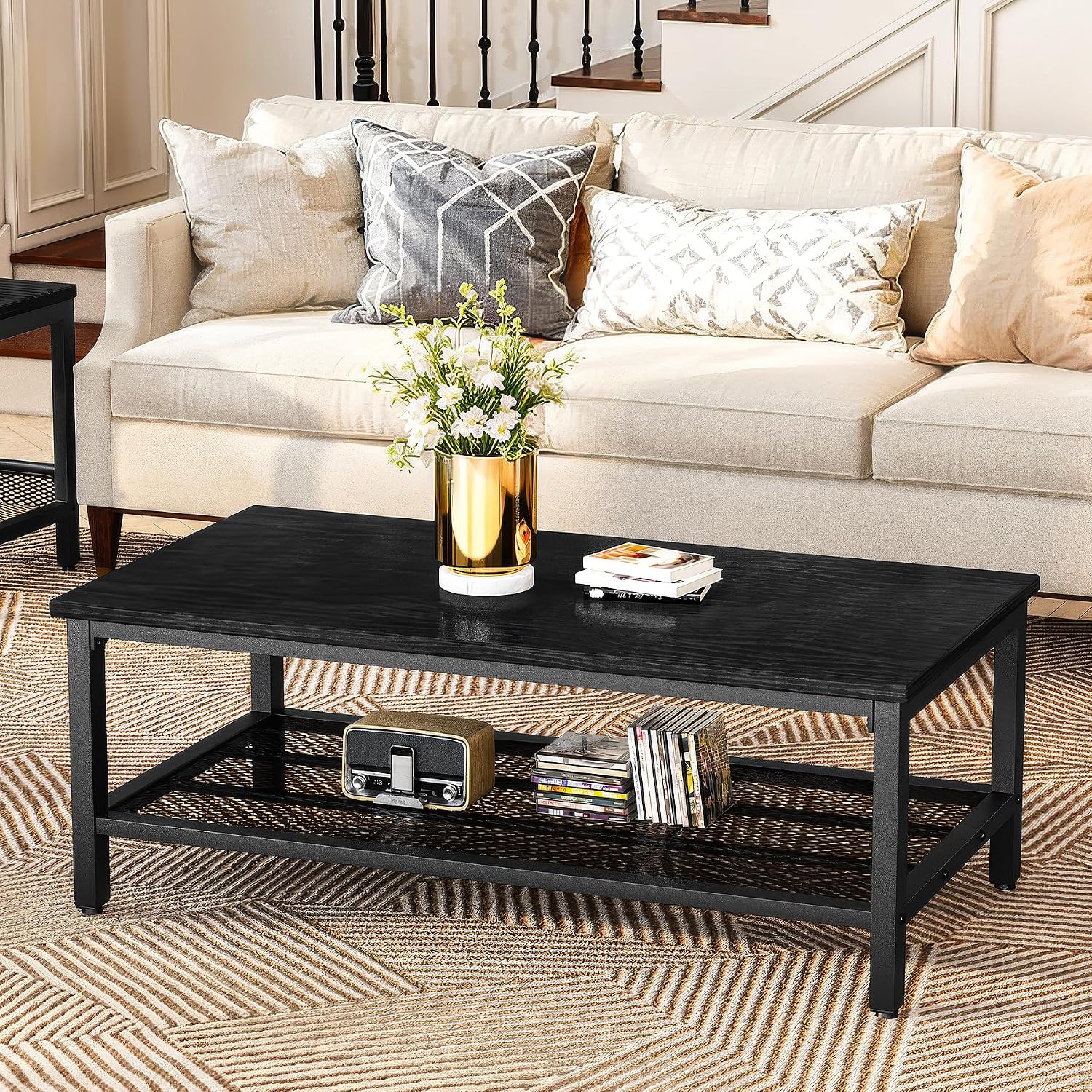Lamerge 3 Pieces Living Room Table Set, Industrial Coffee Table with 2 Square End Side Tables, Coffee Table Set with Metal Frame for Apartment Home Office, Black