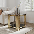 JIJIWANG 22' Small Square End Table, Side Table with Double-Layer Tempered Black Glass & Gold Stainless Steel Frame for Bedroom Living Room, Easy to Assemble Black