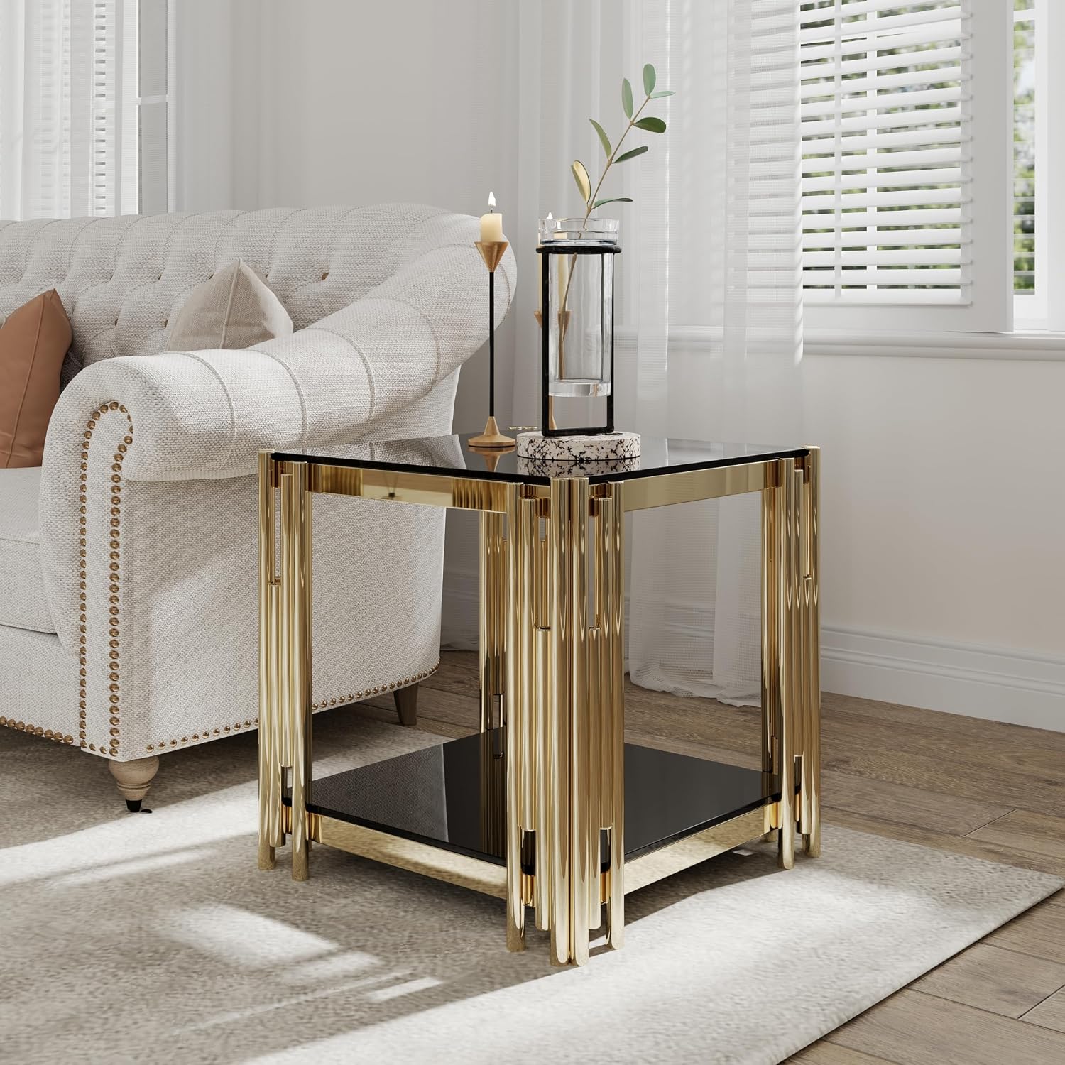 JIJIWANG 22' Small Square End Table, Side Table with Double-Layer Tempered Black Glass & Gold Stainless Steel Frame for Bedroom Living Room, Easy to Assemble Black