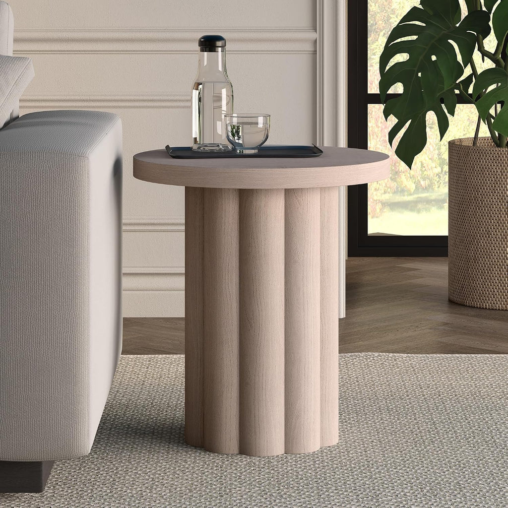 Henn&Hart 20'' Fluted Round End Table, Modern Side Table Ribbed Night Stand for Living Room, Office, Family Room, or Bedroom, Alder White