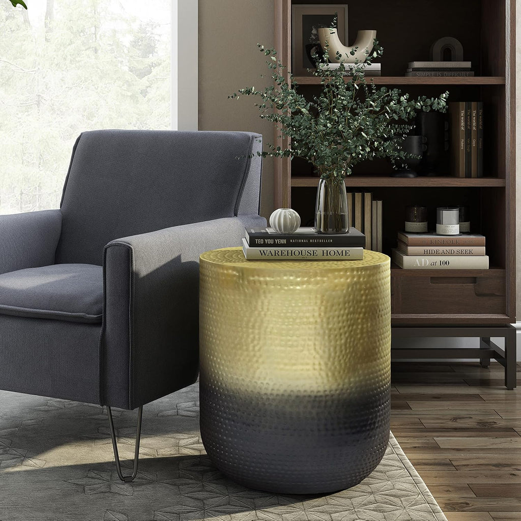 SIMPLIHOME Nova Metal Table - 19 inch Wide Round Iron Accent Table in Gold Ombre, Boho Drum Side Table for Living Room, Bedroom, or Office with Distinctive Textured Finish, Assembled