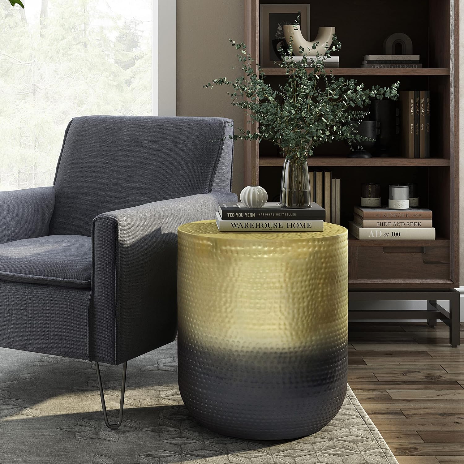 SIMPLIHOME Nova Metal Table - 19 inch Wide Round Iron Accent Table in Gold Ombre, Boho Drum Side Table for Living Room, Bedroom, or Office with Distinctive Textured Finish, Assembled