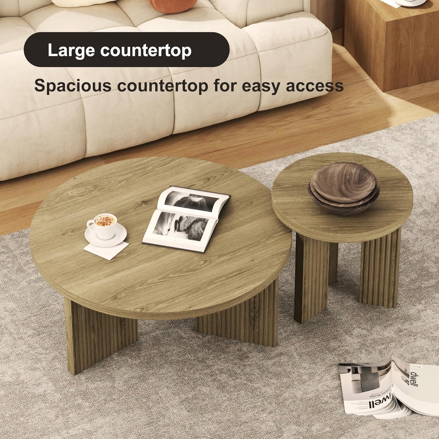 Nesting Coffee Table Set of 2, Modern Wooden Coffee Table with Smooth Thick Design, Circle Tea Table and End Table Set, Accent Center Tables for Living Room, Office, Walnut