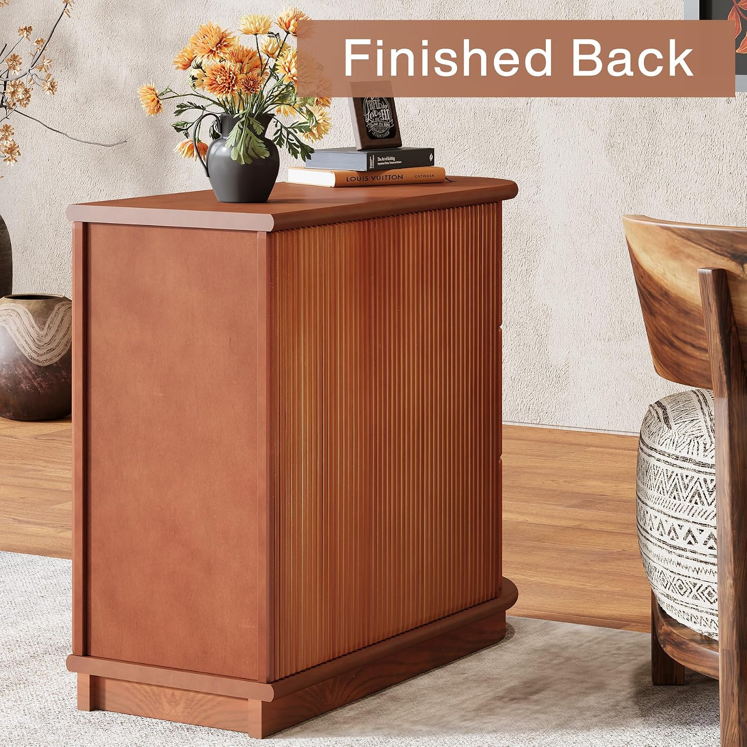 Tribesigns Set of 2 3-Drawer Wooden End Table, 2-Pack Modern Sofa Side Table, Narrow Chair Side Table Slim Nightstand for Living Room, Bedroom, Finished Back, No Assembly Required, Walnut
