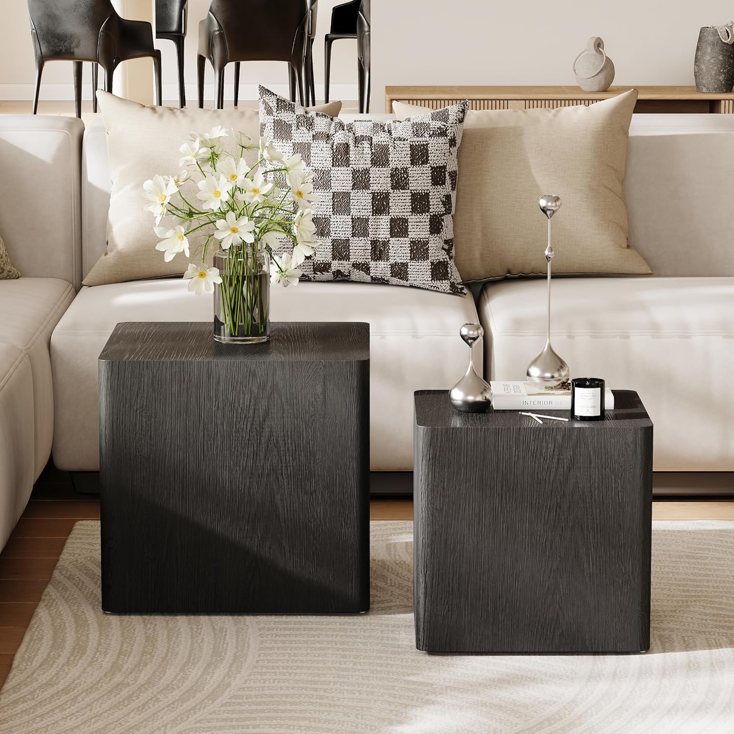 Nesting Coffee Table Set of 2, Modern Coffee Table and End Table Sets, Small Wooden Nesting Side Tables for Living Room Bedroom Apartment(Black)