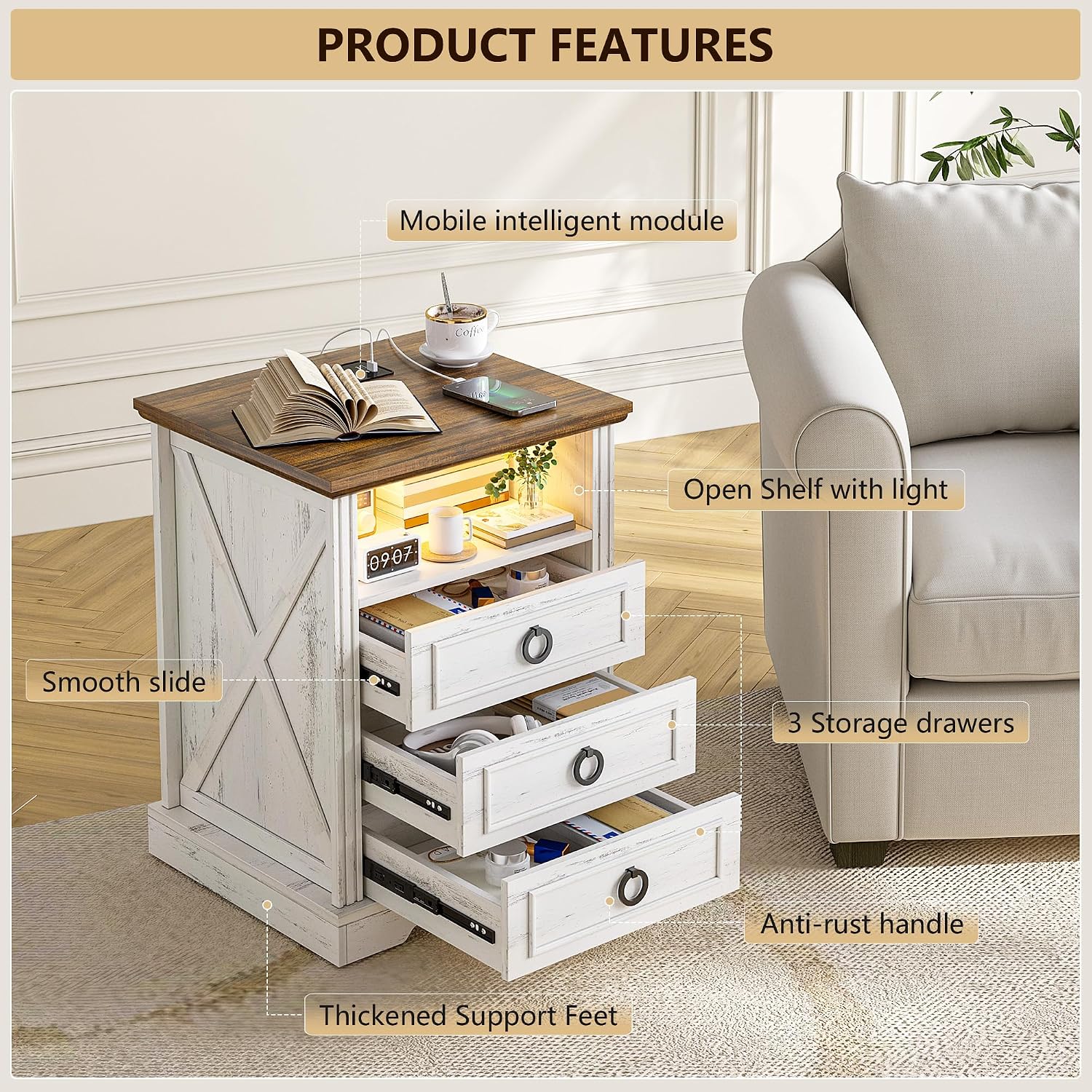 Nightstand Set 2 with Charging Station, Farmhouse End Side Table with 3 Drawers and Open Storage, Smart Bedside Table with LED Light & Human Sensor for Bedroom, Living Room,White,Chest