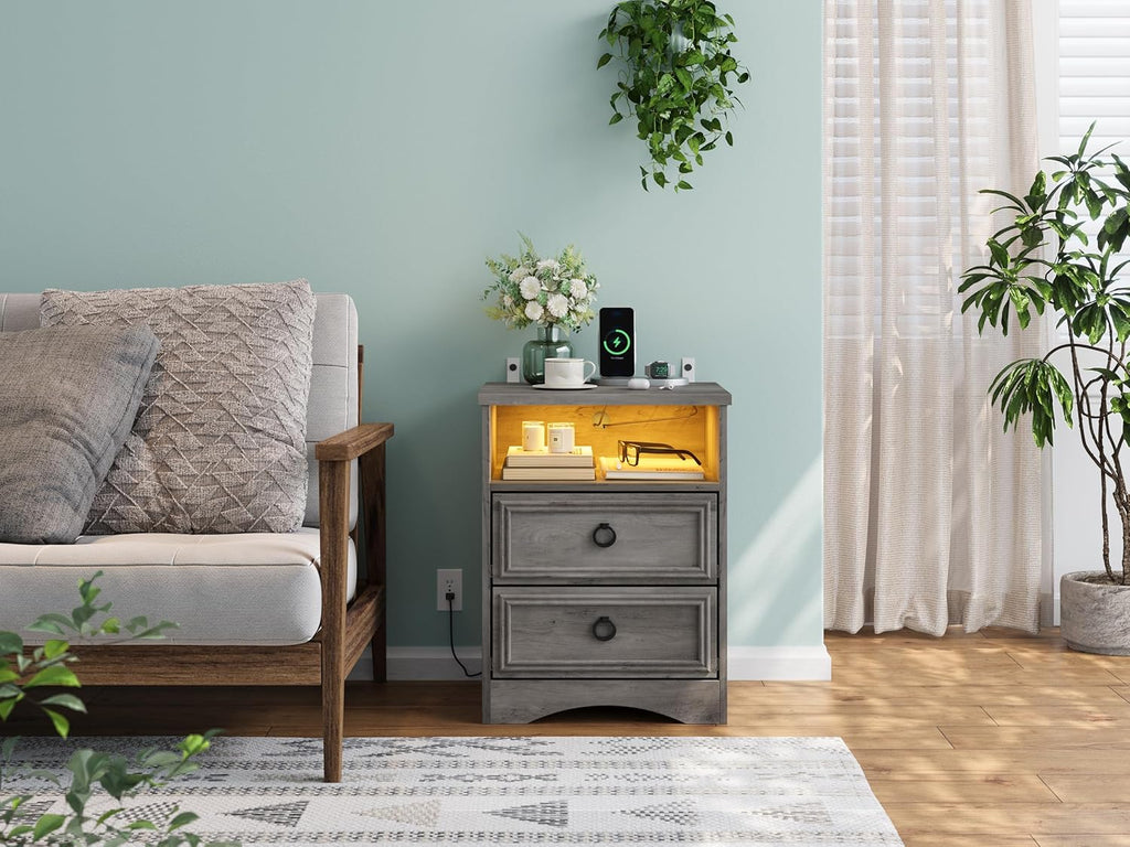 Large Nightstand Set of 2 with Drawers,17.7'W Accent Night Stand with Charger Station LED Lights, Bed Side Table with 2 Drawers, End Table with Easy Open Storage for Bedroom, Living Room,Gray