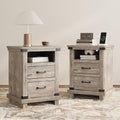 AMERLIFE Farmhouse End Table Set of 2, 18' Wood Night Stand with Charging Station & 2 Storage Drawers, Heavy Duty Bedside Nightstands for Bedroom, Living Room, Light Grey