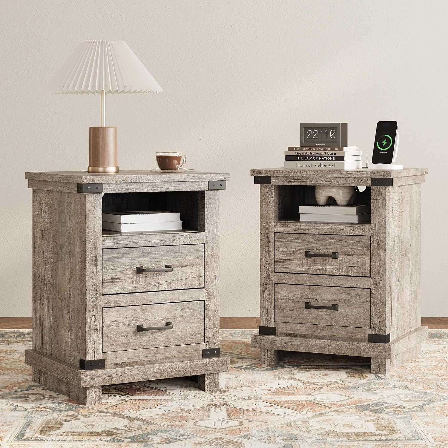 AMERLIFE Farmhouse End Table Set of 2, 18' Wood Night Stand with Charging Station & 2 Storage Drawers, Heavy Duty Bedside Nightstands for Bedroom, Living Room, Light Grey