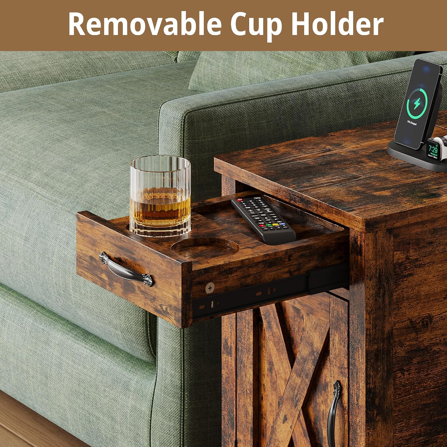 IRONCK End Table with Charging Station, Narrow Side Table for Living Room, Night Stand Set of 2 with Drawer and Cup Holder, Farmhouse Bedside Table with USB Ports and Outlets for Home, Vintage Brown