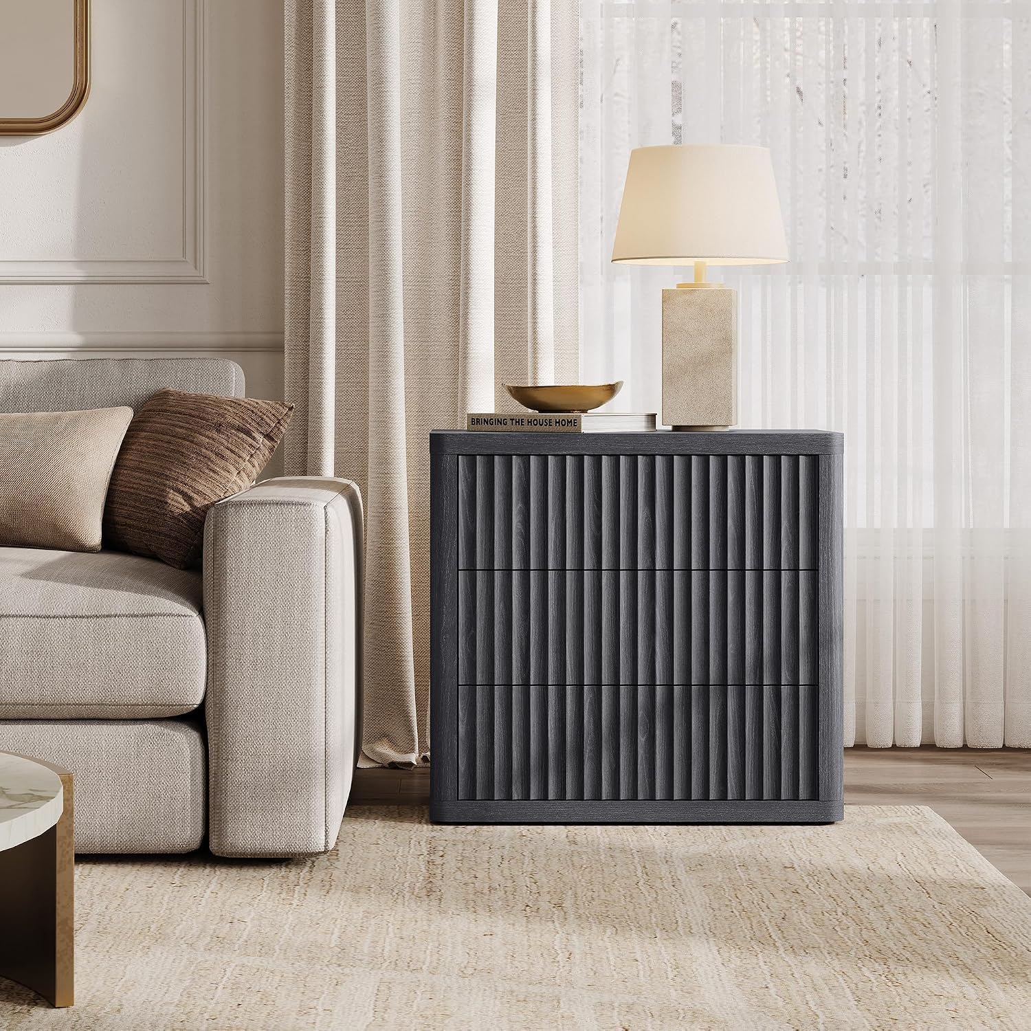 SICOTAS Night Stand Oversized Extra Large Nightstand with 3 Drawers Side Table with Storage Modern Bedside Table 27.5' W Nightstands for Bedroom Fluted End Table for Dorm Room Sofa Couch Home Office