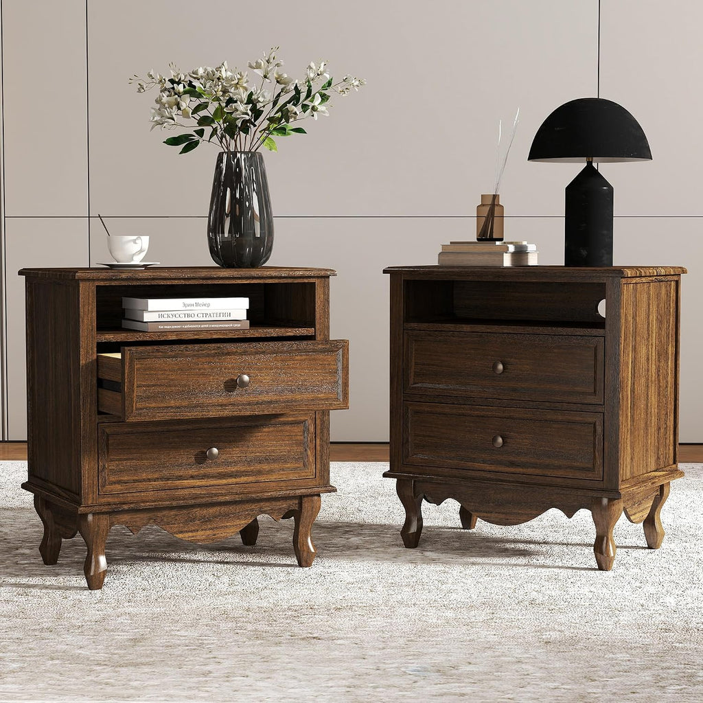 Solid Wood Nightstands Set of 2, Fully Assembled Night Stand with 2 Drawer & Open Shelf Storage, Bedside Table with Charging Station, Mid-Century Modern End Table for Bedroom, Walnut