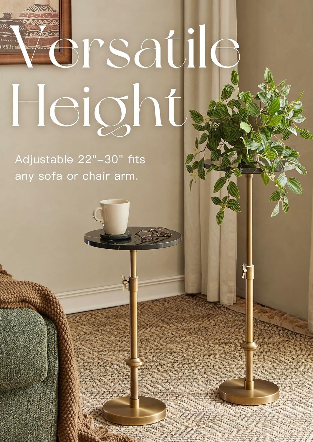 Adjustable-Height Marble Drink Table - 12x12x22-30, Black Marble & Antique Brass, Modern Round End Table, Side Table with Pedestal Stand for Small Spaces, Vintage Metal Martini Cocktail Accent