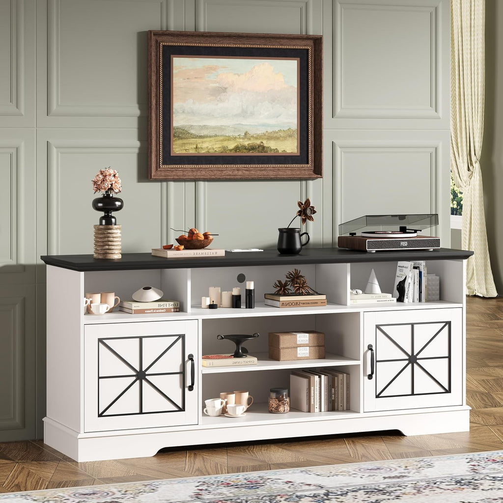 Wodeer White TV Stand for TVs up to 65 Inches, 59'' Farmhouse Entertainment Center with Storage Cabinet, Adjustable Shelf and Power Outlet, LED TV Stands for Living Room, Bedroom