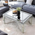 Silver Coffee Tables for Living Room with Dazzling Crushed Crystal Border, Clear Glass Rectangle Center Table Mirrored Finished, Glam Modern Living Room Furniture