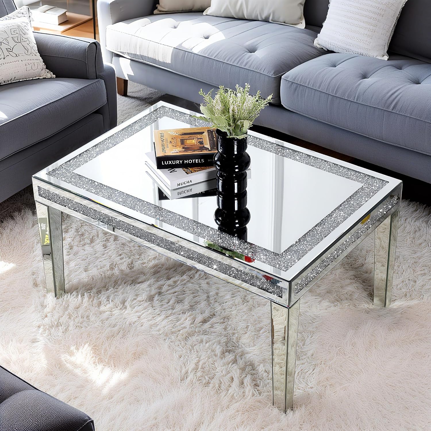 Silver Coffee Tables for Living Room with Dazzling Crushed Crystal Border, Clear Glass Rectangle Center Table Mirrored Finished, Glam Modern Living Room Furniture