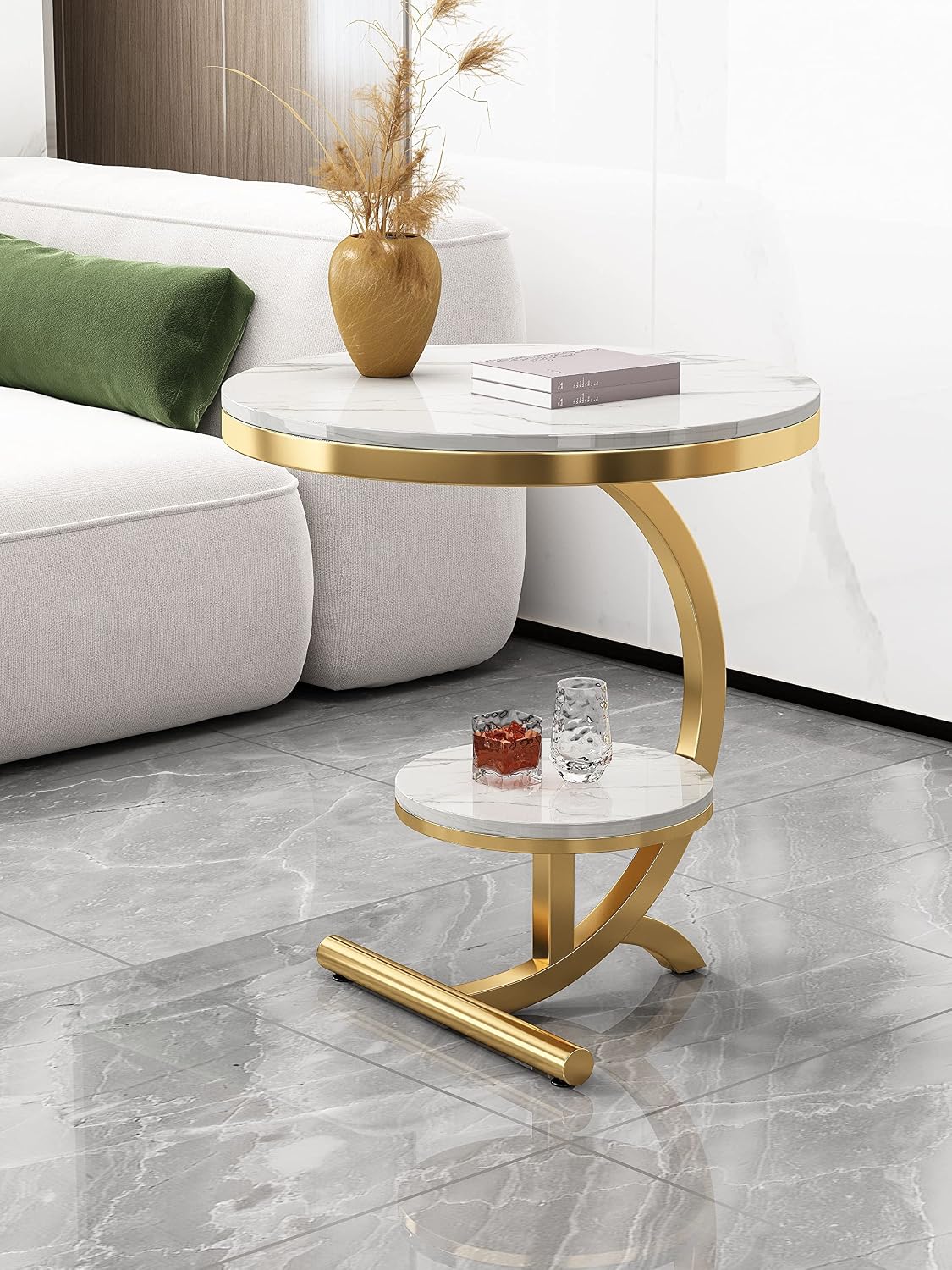 Luxury Marble End Table Decor & More Round Coffee Table with Storage Shelf for Home & Living Room |Gold Coffee Table|Outdoor & Indoor Furniture(Color : Gold+White, Size : Double Layer)