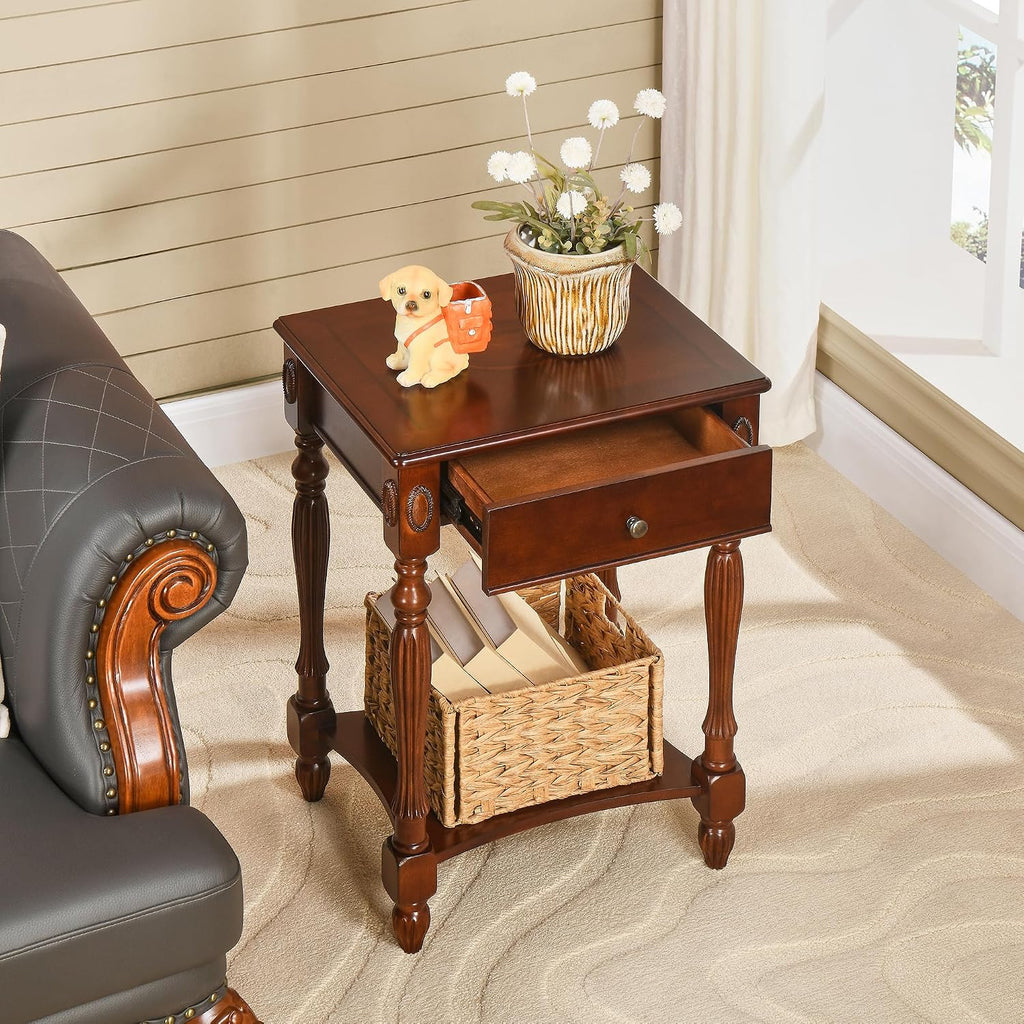 Narrow End Side Table with Drawer and Storage Shelf Set of 2, Sofa Beside Table,No-Tools Assembly Antique Wood Nightstand for Living Room,Small Space, 27.6'H x 19.7'L x 15.7'W Cherry Walnut GBJ1533WD