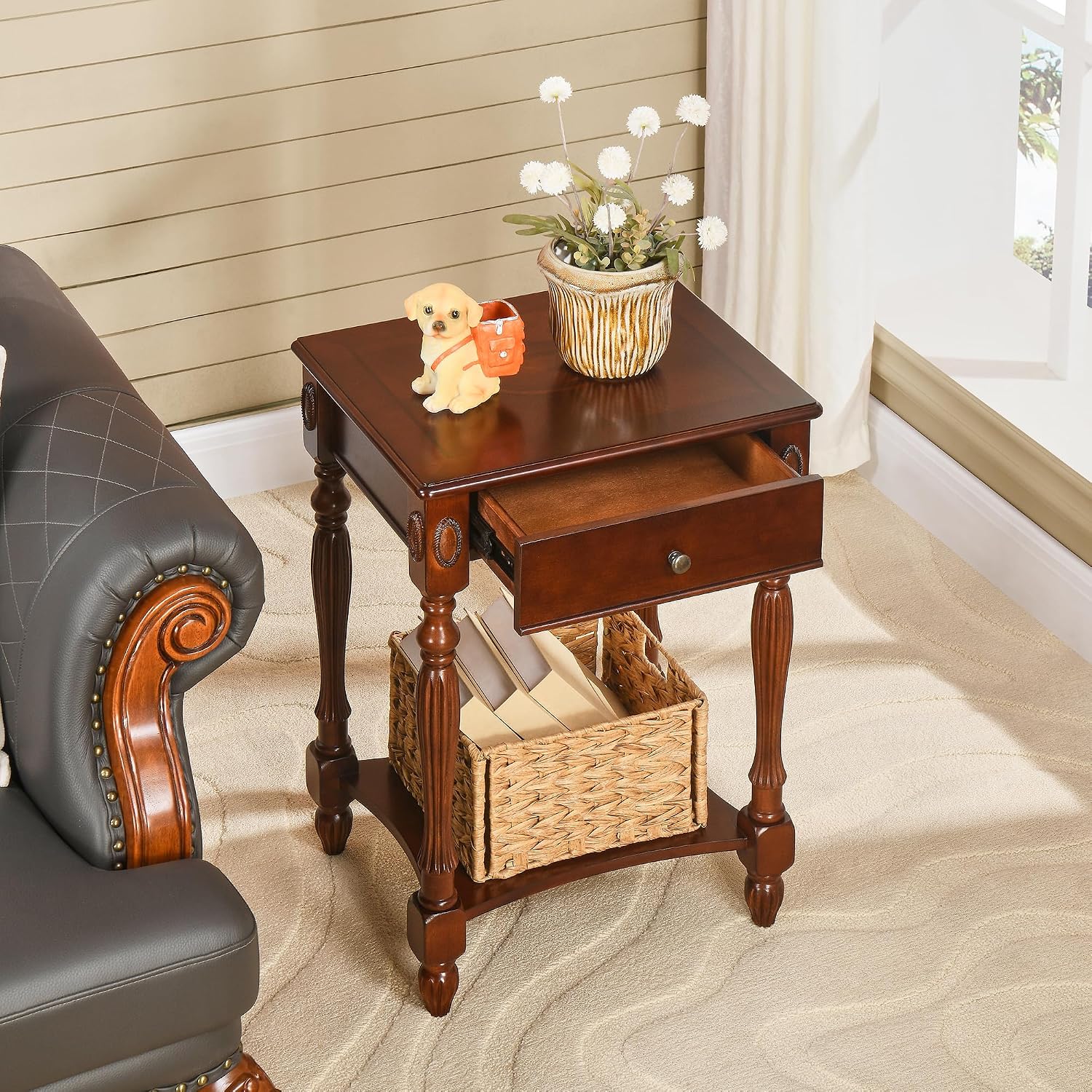 Narrow End Side Table with Drawer and Storage Shelf Set of 2, Sofa Beside Table,No-Tools Assembly Antique Wood Nightstand for Living Room,Small Space, 27.6'H x 19.7'L x 15.7'W Cherry Walnut GBJ1533WD