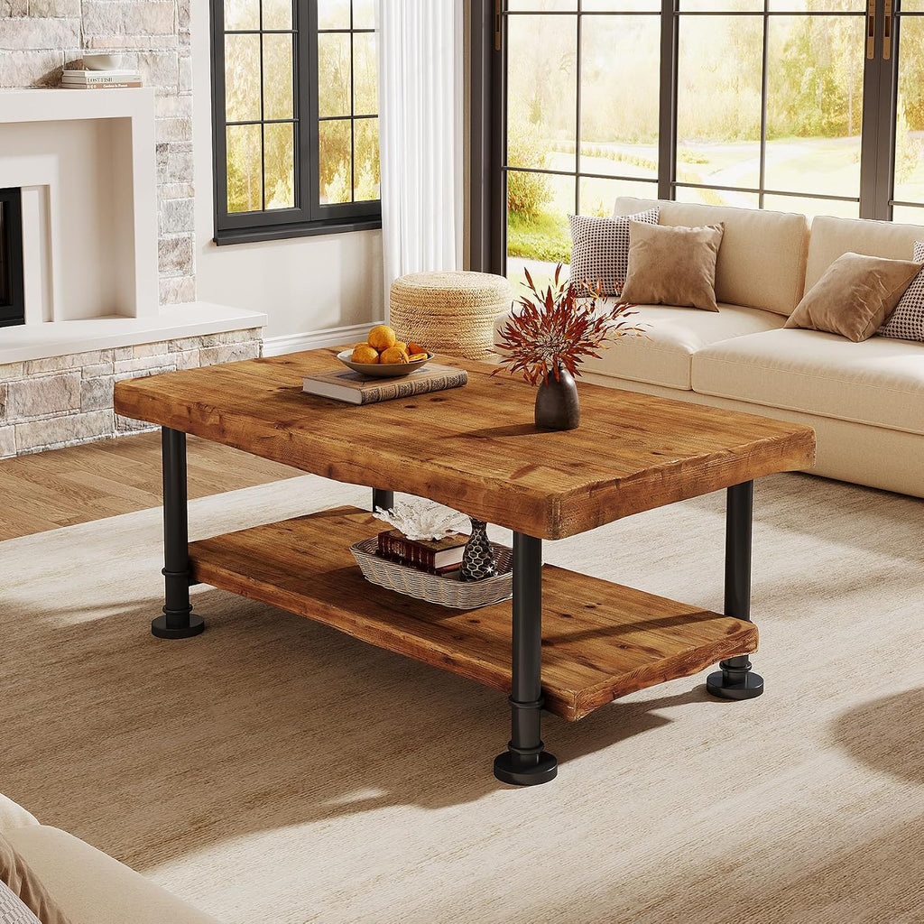 47' Coffee Table, Farmhouse Solid Wood Accent Center Table with 2-Tier Live Edge Shelf & Metal Legs, Rectangular Low Cocktail Tea Furniture for Living Room, Lounge, Brown and Black