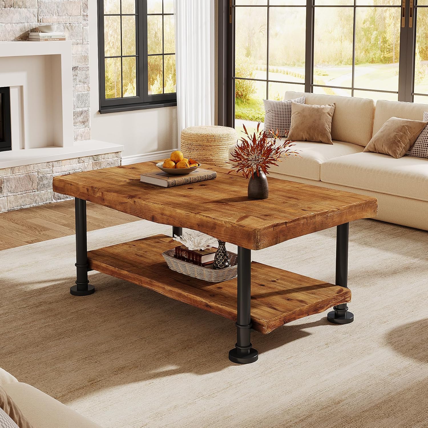 47' Coffee Table, Farmhouse Solid Wood Accent Center Table with 2-Tier Live Edge Shelf & Metal Legs, Rectangular Low Cocktail Tea Furniture for Living Room, Lounge, Brown and Black