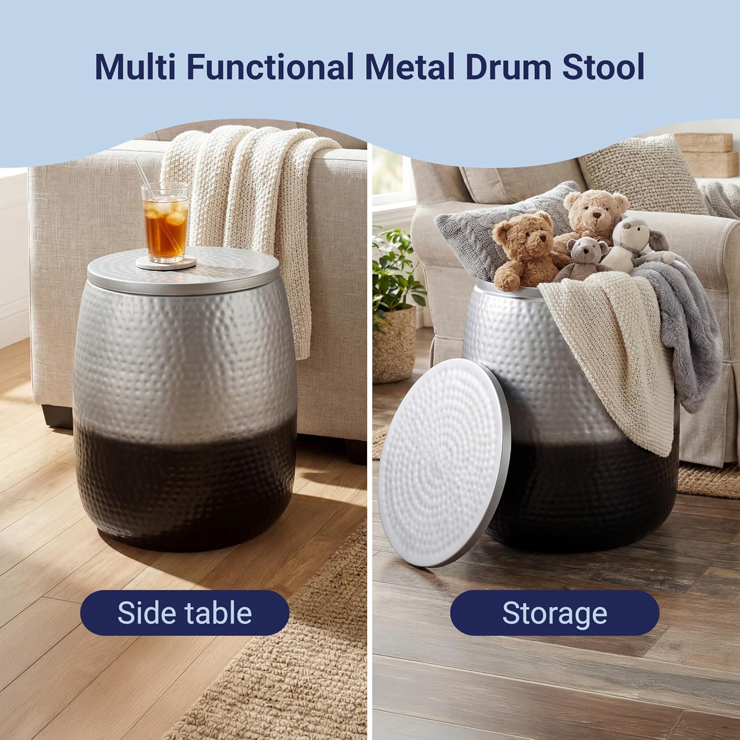 happimess SSL2000E Merida 19' Modern Rustic Hammered Metal Drum Storage Side Table with Lid, End Table for Decoration in Living Room, Bedroom, Bathroom, Silver/Black