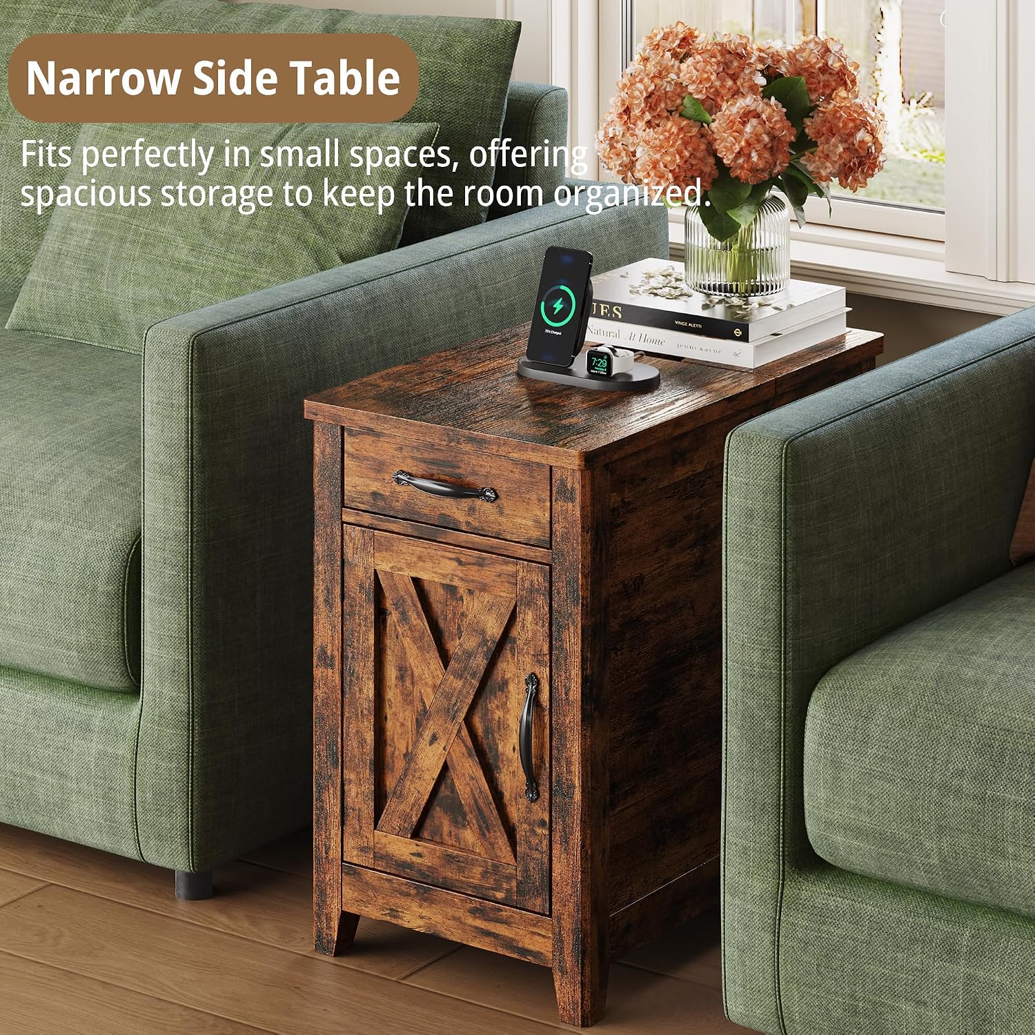 IRONCK End Table with Charging Station, Narrow Side Table for Living Room, Night Stand Set of 2 with Drawer and Cup Holder, Farmhouse Bedside Table with USB Ports and Outlets for Home, Vintage Brown