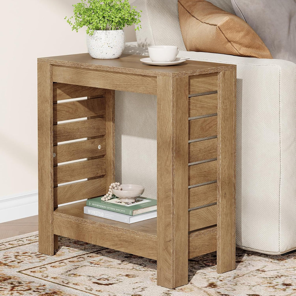 Tribesigns Narrow Side Table Set of 2, 2-Tier Farmhouse Wooden End Table with Storage Shelf, Skinny Accent Nightstand for Living Room, Bedroom and Office, Easy Assembly (2)