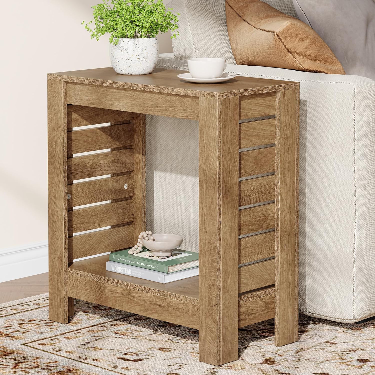 Tribesigns Narrow Side Table Set of 2, 2-Tier Farmhouse Wooden End Table with Storage Shelf, Skinny Accent Nightstand for Living Room, Bedroom and Office, Easy Assembly (2)