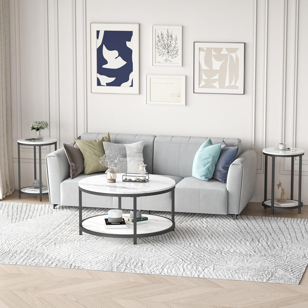 WiberWi Round Side Table Set of 2, Modern Nightstand End Table with Metal Frame &Faux Marble Top, Accent Bedside Table for Living Room Bedroom Small Spaces with Storage Open Shelf,White