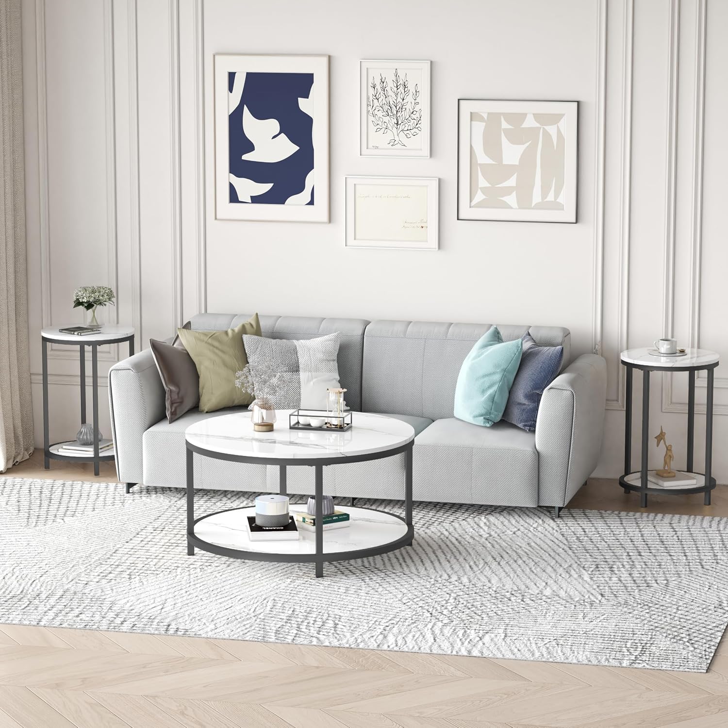 WiberWi Round Side Table Set of 2, Modern Nightstand End Table with Metal Frame &Faux Marble Top, Accent Bedside Table for Living Room Bedroom Small Spaces with Storage Open Shelf,White