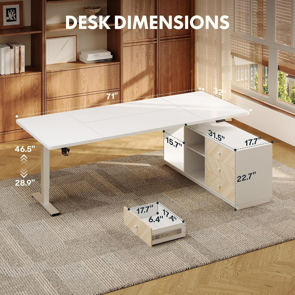 FLEXISPOT L Shaped Standing Desk with Drawers, Large Electric Height Adjustable Executive Desk, Sit Stand Desk for Home Office and Workstation, PC Cabinet (71'x32' White)