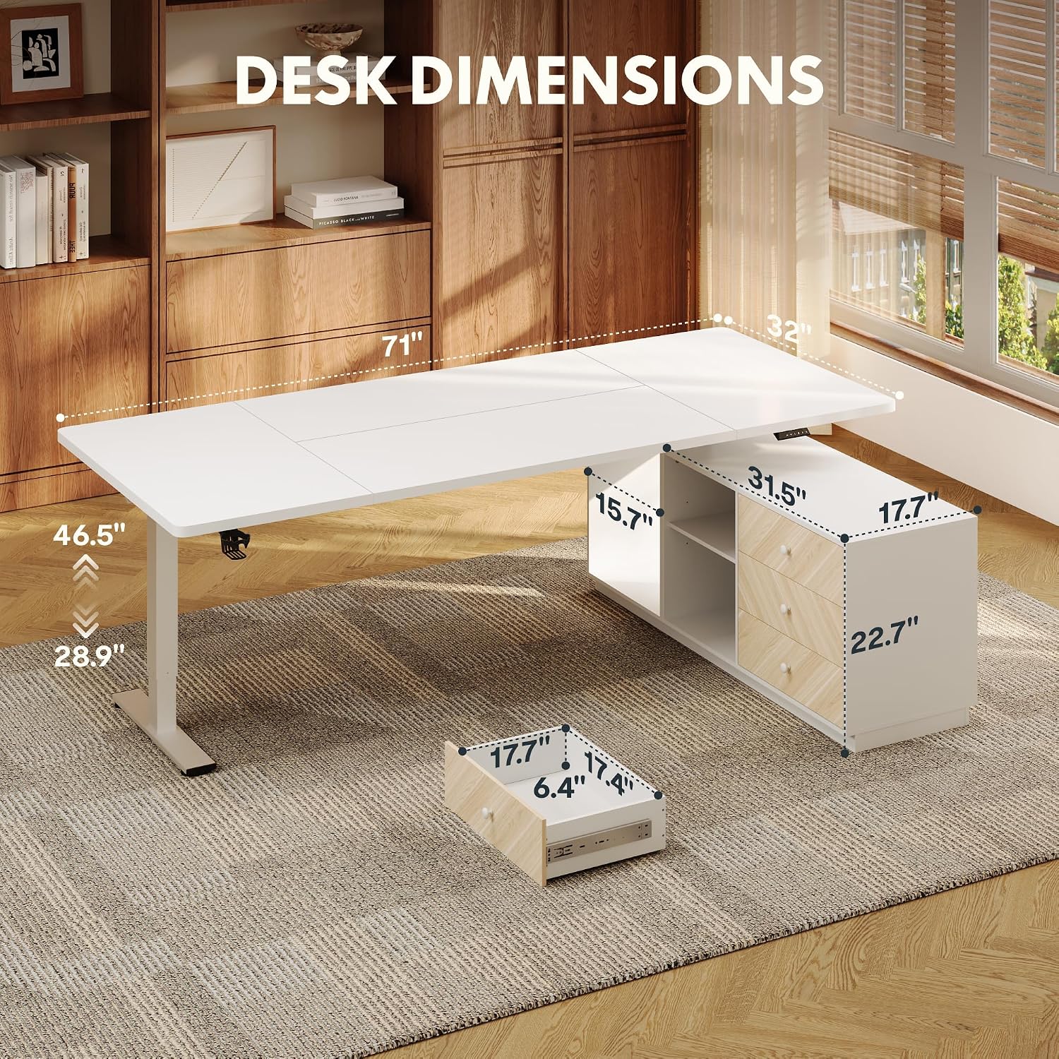 FLEXISPOT L Shaped Standing Desk with Drawers, Large Electric Height Adjustable Executive Desk, Sit Stand Desk for Home Office and Workstation, PC Cabinet (71'x32' White)