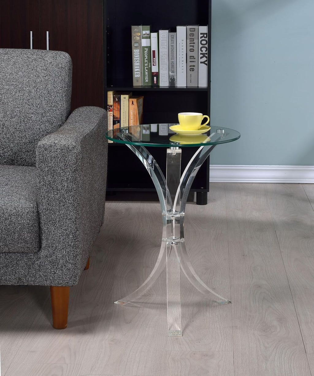 BOWERY HILL Round Contemporary Glass Accent End Table, Clear Finish Tempered Glass Top, Acrylic Base, Modern Style, 18 in W x 18 in D x 21.25 in H for Living Room or Lounge Spaces