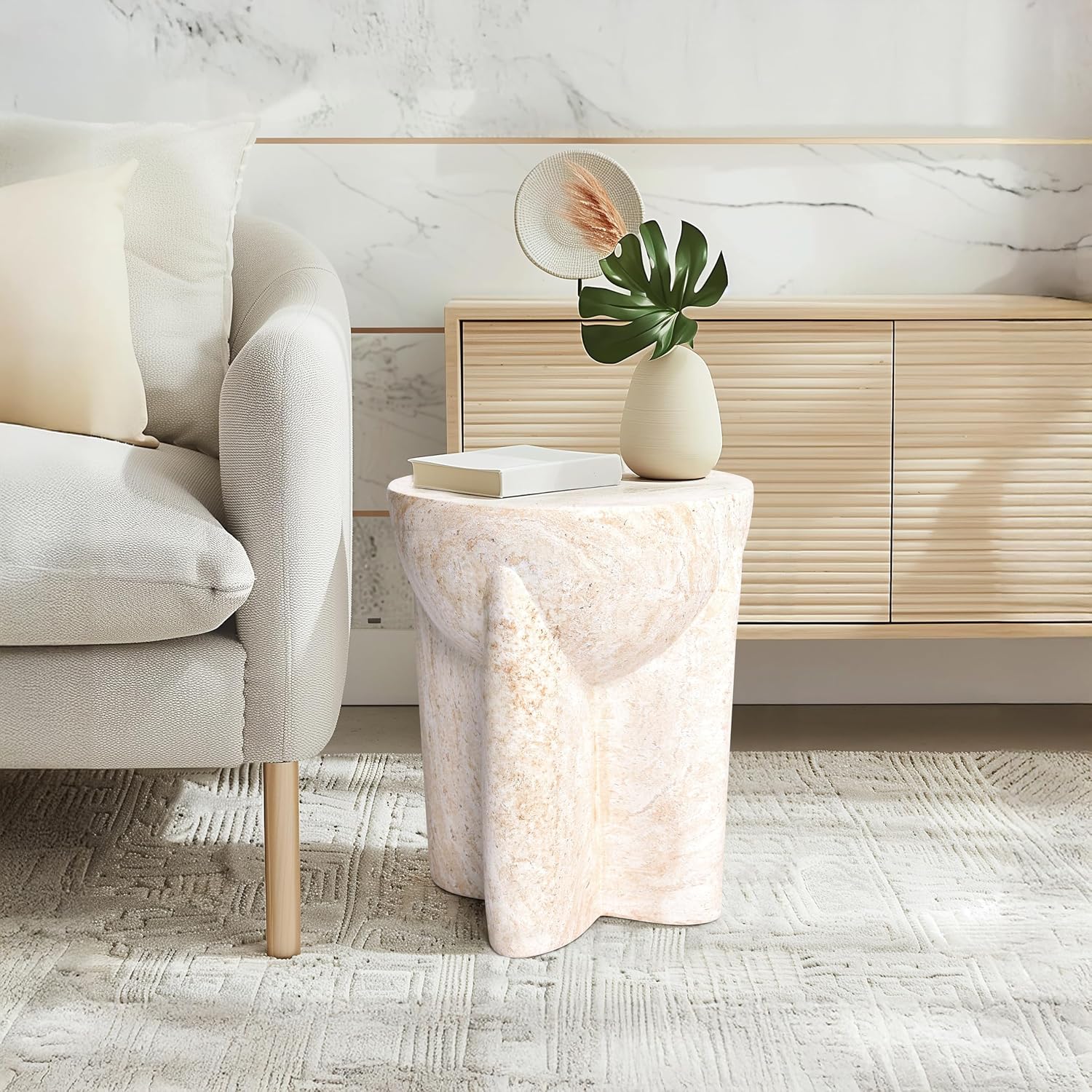 Empire Art Direct Abstract Travertine Stone Finish Italian Design MgO Side Accent Table, Living Room, Bedroom & Office, 15'x15'x18.3'