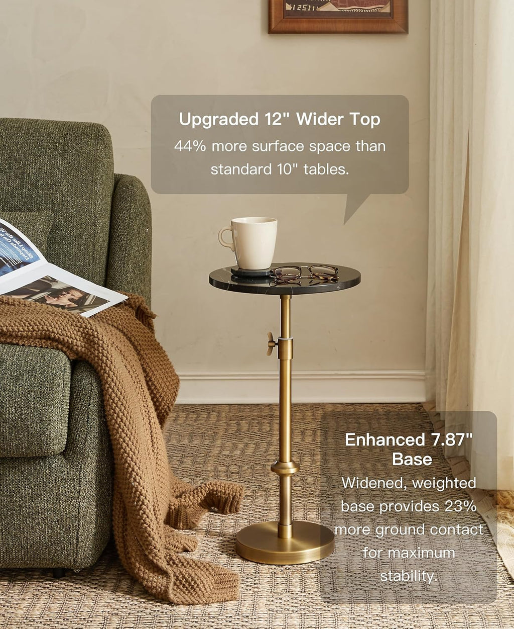 Adjustable-Height Marble Drink Table - 12x12x22-30, Black Marble & Antique Brass, Modern Round End Table, Side Table with Pedestal Stand for Small Spaces, Vintage Metal Martini Cocktail Accent