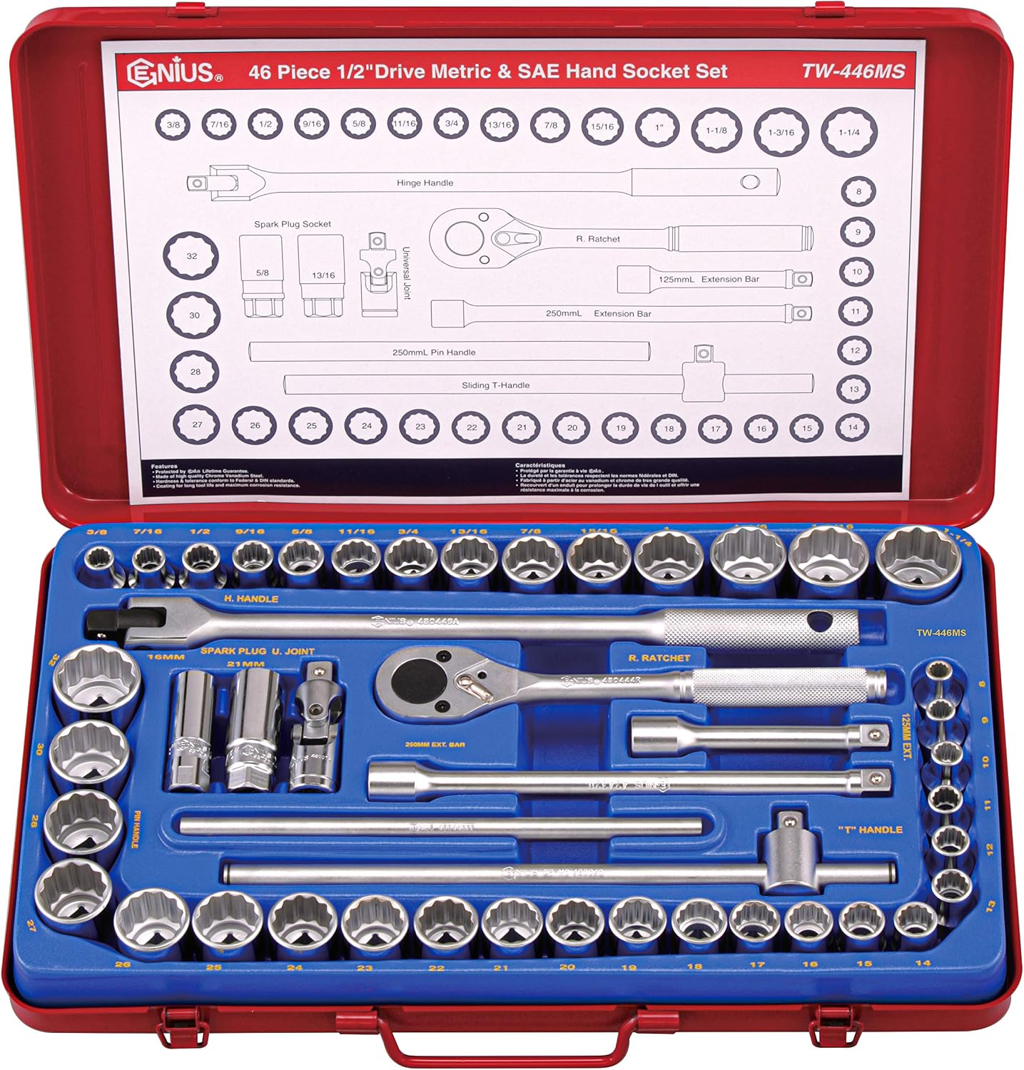 Genius Tools 46PC 1/2' Dr. Metric & SAE Hand Socket Set (12-Point) - TW-446MS